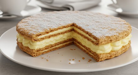 Close-up of a perfectly sliced mille-feuille on a porcelain plate, delicate layers and powdered sugar visible, elegant patisserie