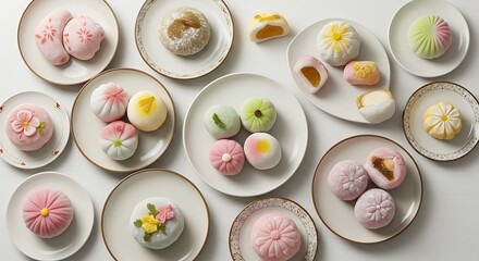 Bright overhead shot of assorted mochi and wagashi on decorative Japanese plates, artistic and colorful arrangement