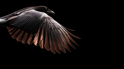 Dark raven in flight, detailed view of outstretched wings.