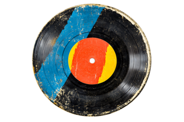 Distressed Vinyl Record: Painted Blue Stripe, Red & Yellow Label, Isolated on White.