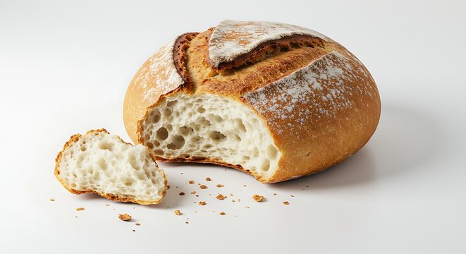 Artisan bread with a bite taken and crumbs scattered, isolated on white background