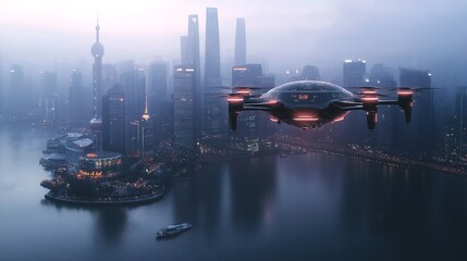 Fototapeta premium AI-powered surveillance drones flying over a smart city 