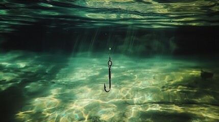 Underwater Fishing Hook Sunbeams Green Water