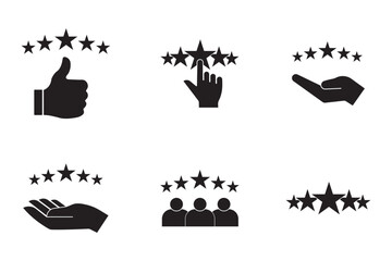 5 stars positive review. Rate icons set. Feedback icon collection. Concept of best ranking. Customer review. Good result. Star, envelope, smiling emoji, like thumb up and speech bubble eps 10