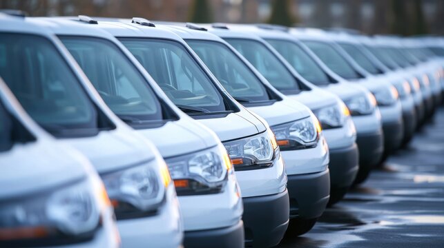 A corporate car fleet ready for dispatch with company logos on each vehicle.