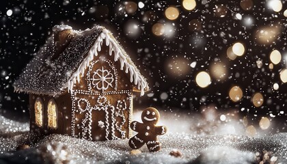 Gingerbread House in Snowy Winter Scene with Lights