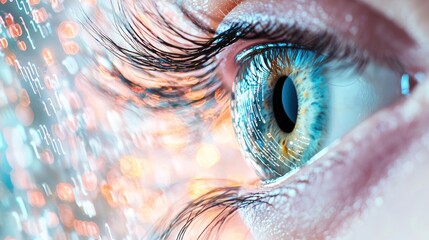 Digital eye concept with binary code streaming in the background.