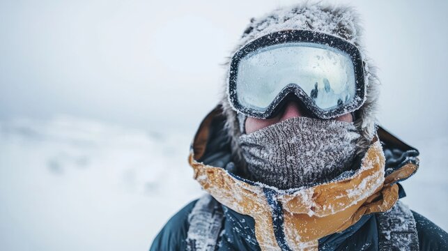A person bundled up in winter gear facing blizzard conditions.