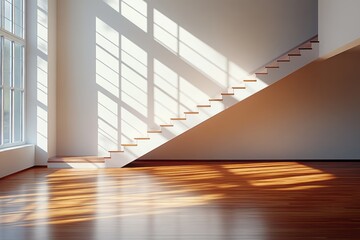 Sunlit interior staircase with hardwood floors.
