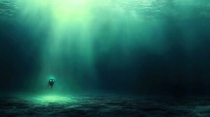 Submerged, mysterious, deep-sea creature in sunlit underwater space.