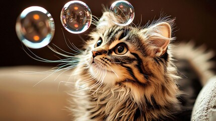 Young kitten curiously examining bubbles above its head, fluffy tail curled, soft sofa backdrop, cozy natural lighting, polished reflection on each bubble, clean indoor setting
