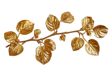 Gold Branch with Gold Leaves Isolated Illustration with Transparent Background