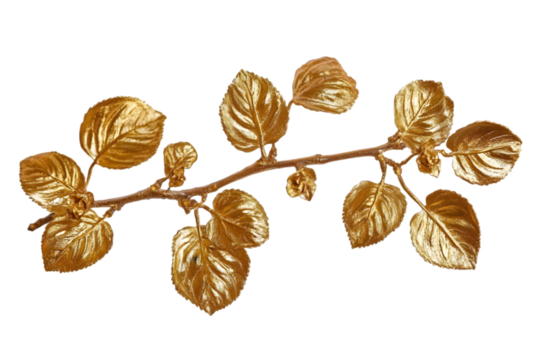 Gold Branch with Gold Leaves Isolated Illustration with Transparent Background