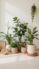 Fototapeta premium Indoor plants in various pots sit on a white floor near a white wall with sunlight streaming in, creating a calm and natural atmosphere in a modern home.