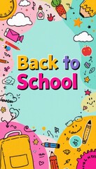 Fototapeta premium Bright and colorful back to school design features whical hand-drawn school supplies framing a pastel turquoise backdrop with cheerful typography in pink and yellow.