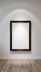 A blank picture frame with a dark ornate border hangs centered on a white wall above light wood floo, illuminated by a focused spotlight from above showcasing space.