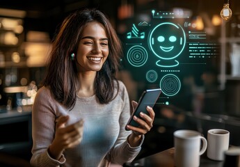 Happy Woman Uses Smartphone Positive Feedback Digital Interface