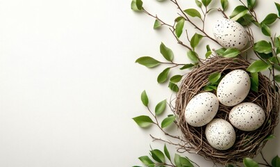 Fototapeta premium Elegant seasonal Easter still life with speckled eggs and fresh leaves arranged on clean modern white backdrop 