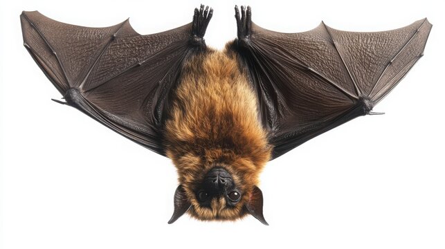Closeup of a Brown Bat Hanging Upside Down on White Background