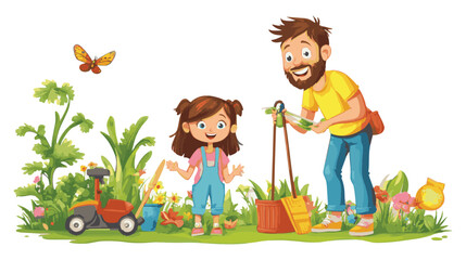 cartoon vector father and daughter work together