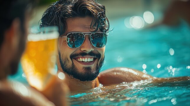 Friends enjoying poolside drinks and fun in the summer.