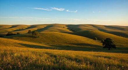 Obraz premium Rolling Hills Landscape with Trees and Wildflowers