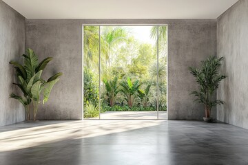 Minimalist concrete interior with tropical garden view.