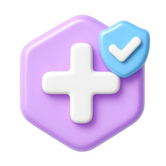 Obraz premium Verified health protection A soft 3D rendered icon featuring a medical cross, protective shield, and checkmark on a purple hexagon base.