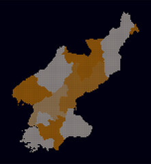 Dem. Rep. Korea dotted map. Digital style map of the country on dark background. Dem. Rep. Korea shape with square dots. Colored dots style. Small size squares. Creative vector illustration.
