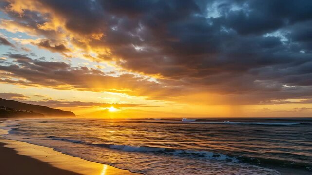 golden sun reflection, Tropical ocean beach and beautiful color sunrise over caribbean sea shore, vibrant sky with colorful clouds, Dramatic sunset over ocean, Dominican Republic 4k video