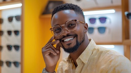 A man trying on new eyeglasses with a smile in an eyewear shop