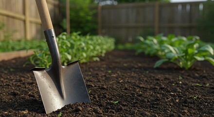 Shovel in Garden with Plants and Soil