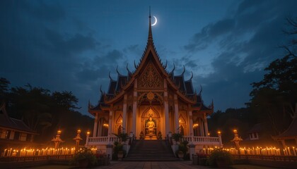 Serene Night at Wat Plai Laem: Illuminated Temple under Crescent Moon