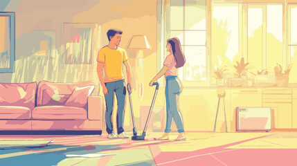 vector cartoon couple cleaning home
