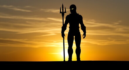 Silhouette of Armored Figure with Trident Against Sunset