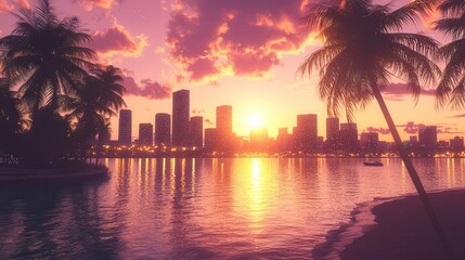 Obraz premium Tropical City Sunset Waterfront Skyline at Dusk