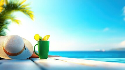 Relaxing summer scene by the poolside with refreshing drink.