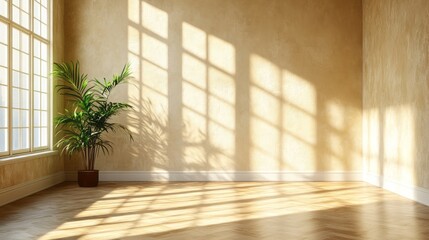 Obraz premium Sunny interior room with shadows and a houseplant.