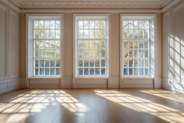 Fototapeta premium Spacious room with large windows and sunlit wooden floor.