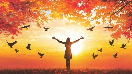 Woman Silhouetted Against Autumn Sunset with Birds