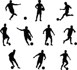 A set of black silhouette illustrations featuring soccer players in action poses, for sports designs, team branding, tournament posters, and athletic themed projects.