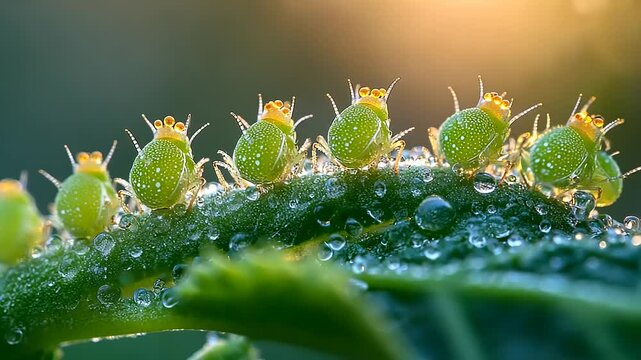 Tiny green insects on a dewy leaf