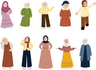 A collection of illustrations featuring Muslim girls in stylish and modest outfits, for fashion content, children books, Islamic events, and cultural designs.