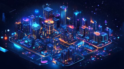 Obraz premium A vibrant futuristic cityscape illuminated with neon colors and dynamic lighting effects.
