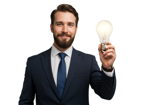 Bright Idea: Businessman Holding Light Bulb on Transparent Background - Powered by Adobe