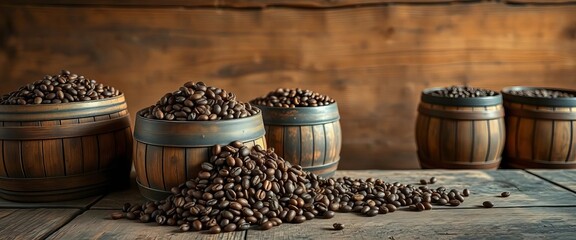 Overflowing coffee bean barrels on weathered wood table, wood, spilled