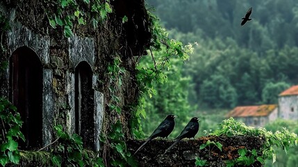 Two ravens perched on a weathered stone structure.