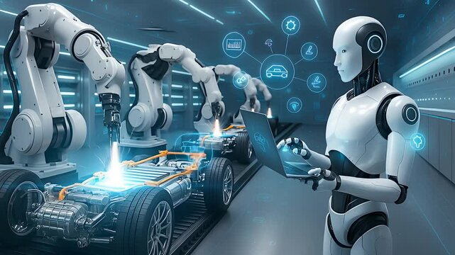 Robots Assembling Electric Car with Digital Interface Representing Smart Automotive Manufacturing and Industrial Automation

