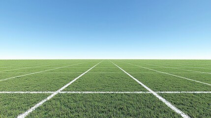 Expansive Green Field with White Lines Under Blue Sky