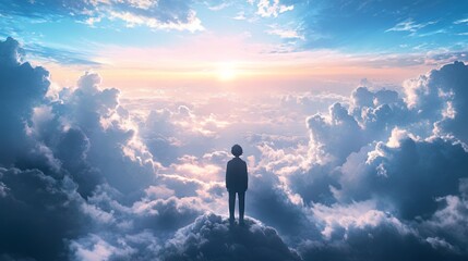 Obraz premium A silhouette of a person stands on clouds, gazing at a vibrant sunset sky.